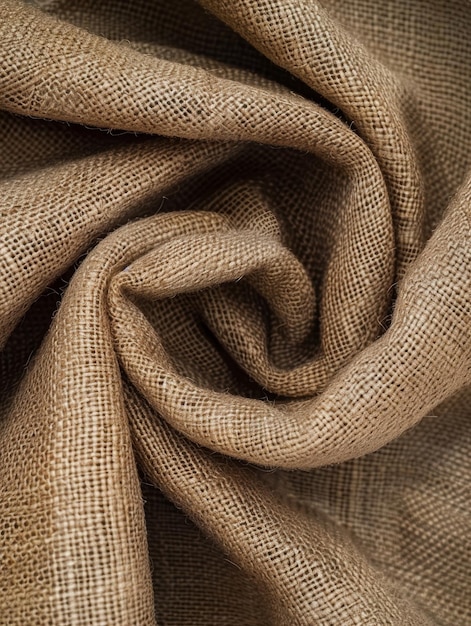 Szczegółowy widok drapowanej tkaniny burlap ujawniającej teksturowaną powierzchnię i zgięcia idealne dla tła w projektowaniu Tkanina burlap tekstura tła