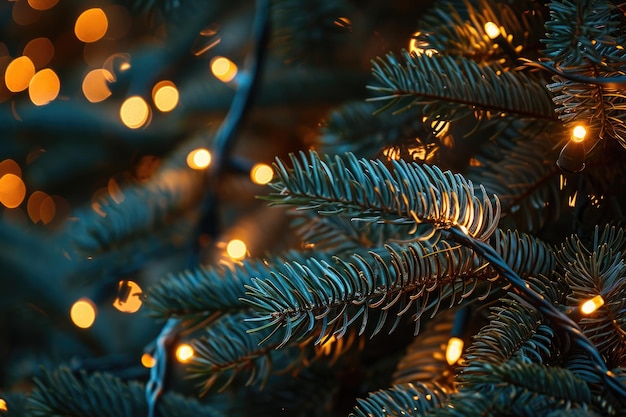 Szczegółowy widok drzewka świątecznego ozdobionego kolorowymi światłami i dekoracjami Zbliżenie skomplikowanych świateł świątecznych na drzewie generowane przez AI