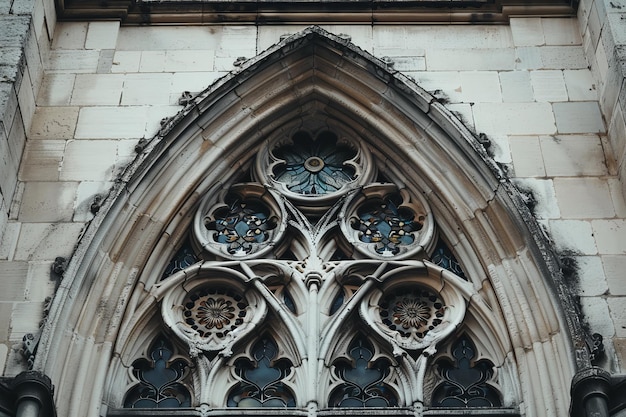 Szczegółowy widok gotyckiego okna, jego zwietrzony kamień i witraże kontrastują ostro z czystym białym tłem