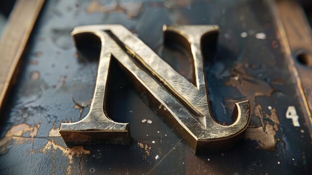Zdjęcie szczegółowy widok metalowej litery na stole idealny dla biurowych lub komunikacyjnych koncepcji