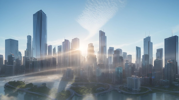 Szczegółowy widok panoramy miasta z rzeką i mostem AI Generative