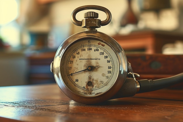 Zdjęcie szczegółowy widok zegara umieszczonego na stole pokazujący skomplikowany projekt i wyświetlany czas starożytny sfigmomanometr z vintage efektem ai generowany