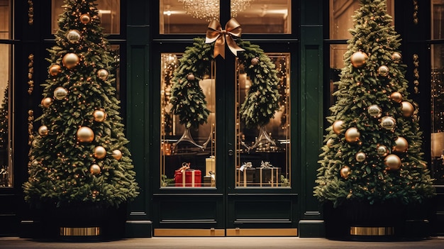 Szczegóły dekoracji bożonarodzeniowej w stylu angielskim luksusowe ulice miasta drzwi sklepów lub wystawy sklepów wyprzedaż świąteczna i inspiracja dekoracji sklepów