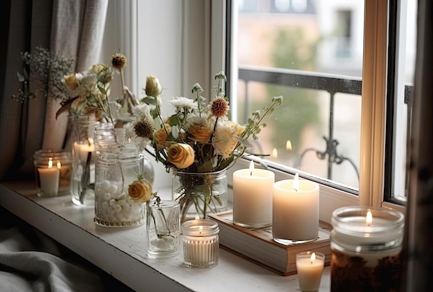 Szczegóły dekoracji pokoju w stylu skandynawskim ze świecami i kwiatami
