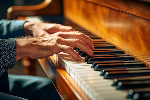 szczegóły dłoni starego pianisty wygenerowane za pomocą AI