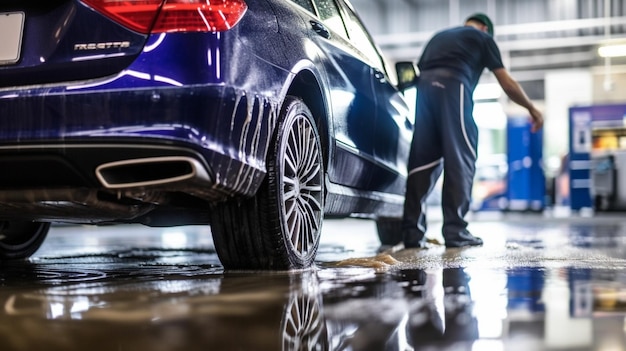Szczegóły dotyczące mężczyzny zajmującego się czyszczeniem samochodów przy użyciu profesjonalnych roztworów chemicznych do czyszczenia c Generatywna sztuczna inteligencja