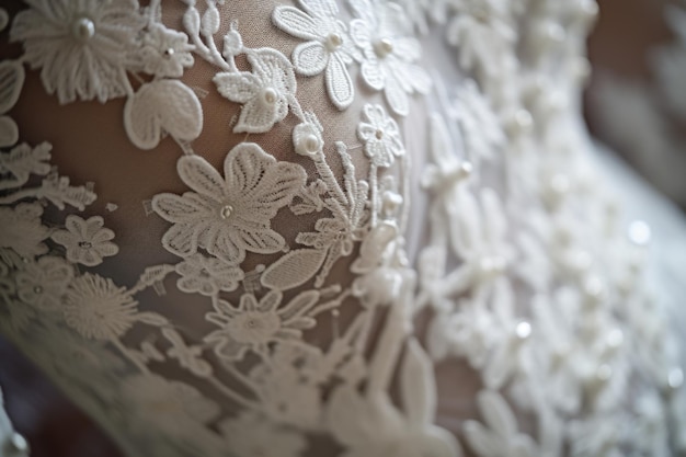 Szczegóły koronki i perły na sukience ślubnej stworzonej za pomocą generatywnego ai