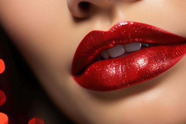 Szczegóły makijażu pięknych czerwonych ust Koncepcja makijażu Pocałunek Ilustracja generatywna AI