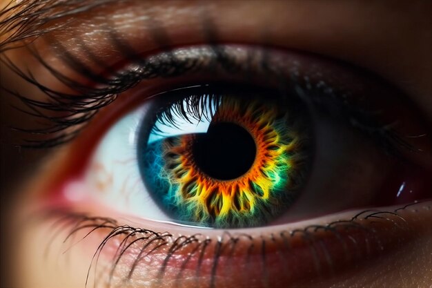Szczegóły o pięknej tęczy kobiecej źrenicy wzroku wygenerowane przez sztuczną inteligencję