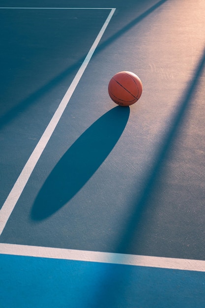 Szczegóły piłki na boisku do koszykówki o zachodzie słońca Zestaw świateł cienie i linie