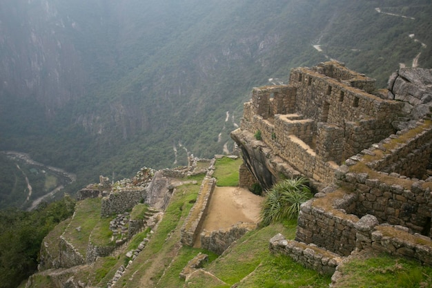 Szczegóły starożytnej cytadeli Inków w mieście Machu Picchu w Świętej Dolinie Peru.