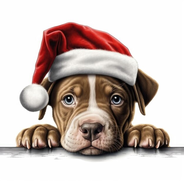 Szczeniak American Pit Bull Terrier w kapeluszu Świętego Mikołaja