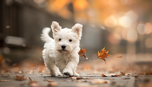 Zdjęcie szczeniak biegnie przez liście jesienią