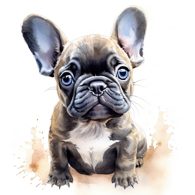 Szczeniak buldoga francuskiego Stylizowana akwarela cyfrowa ilustracja uroczego psa o dużych niebieskich oczach