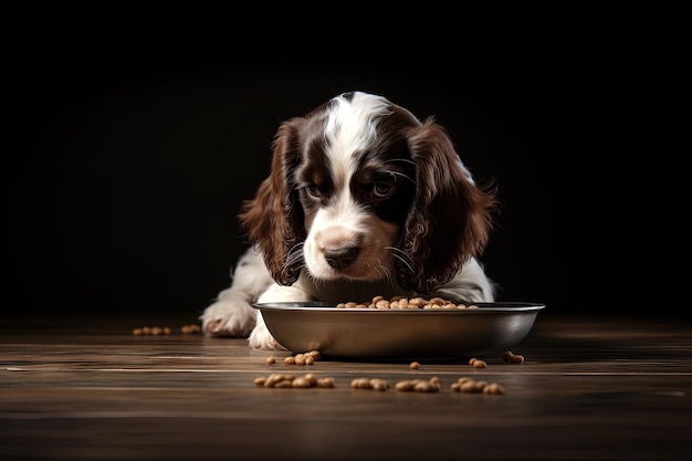 Szczeniak cocker spaniel angielski jedzący karmę dla psów z naczynia ceramicznego