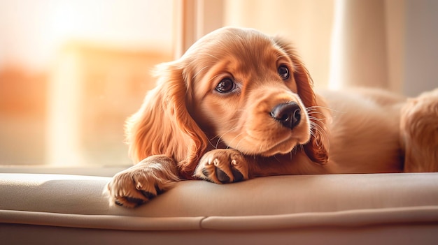 Szczeniak Cocker Spaniel leży na parapecie i wygląda przez okno