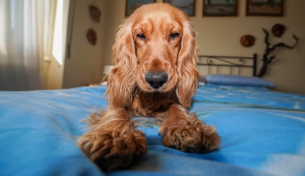 Szczeniak cocker spaniel relaksuje się i śpi na łóżku