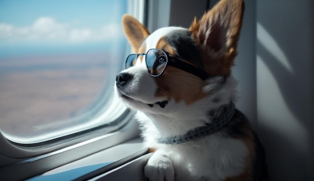 Szczeniak Cute Dog w okularach przeciwsłonecznych w pobliżu okna, patrzący przez samolot Generacyjna sztuczna inteligencja