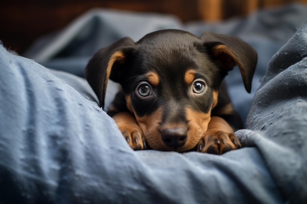 Szczeniak Dobermana śpiący w niebieskim miękkim łóżku