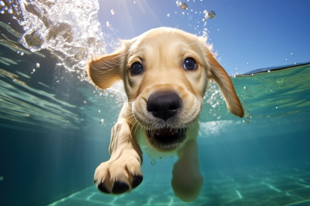 Szczeniak golden labrador retriever bawi się i trenuje pod wodą