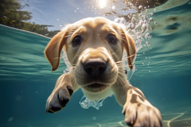 Szczeniak golden labrador retriever bawiący się i trenujący pod wodą