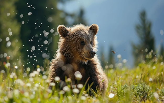 Zdjęcie szczeniak grizzly bawiący się na łące