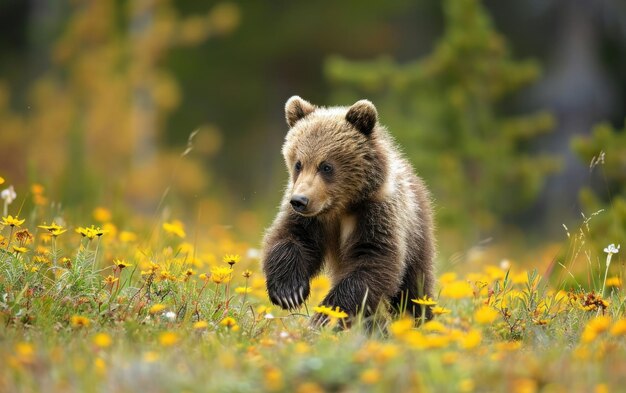 Zdjęcie szczeniak grizzly bawiący się na łące