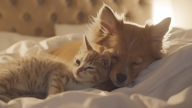 Szczeniak i kotek przytulający się na łóżku jako najlepsi przyjaciele Generatywna sztuczna inteligencja