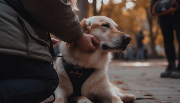 Szczeniak i właściciel golden retrievera cieszą się jesiennym dniem wygenerowanym przez sztuczną inteligencję