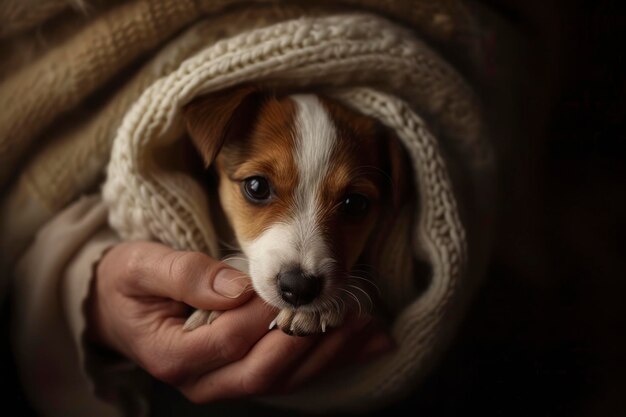 Zdjęcie szczeniak jack russell terrier w rękach właściciela portret małego psa