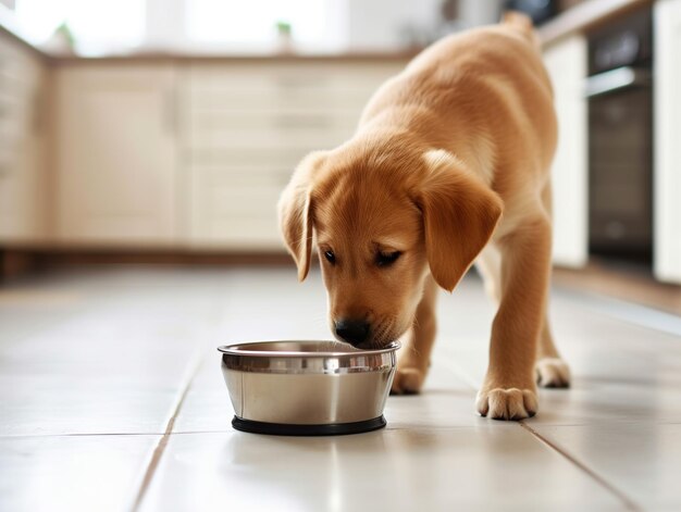 Szczeniak Labrador Retriever jedzący z miski w kuchni