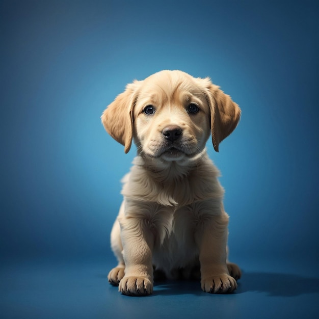 Szczeniak ładny biały labrador na niebieskim tle