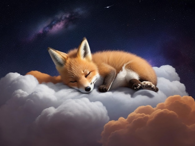 Szczeniak lisów śpi na chmurze.