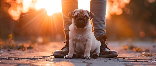 Szczeniak Pug siedzący u stóp właściciela na betonowym chodniku w parku przy zachodzie słońca Koncepcja Pug Puppy Sunset Park Photo Pet Photography Portret na świeżym powietrzu