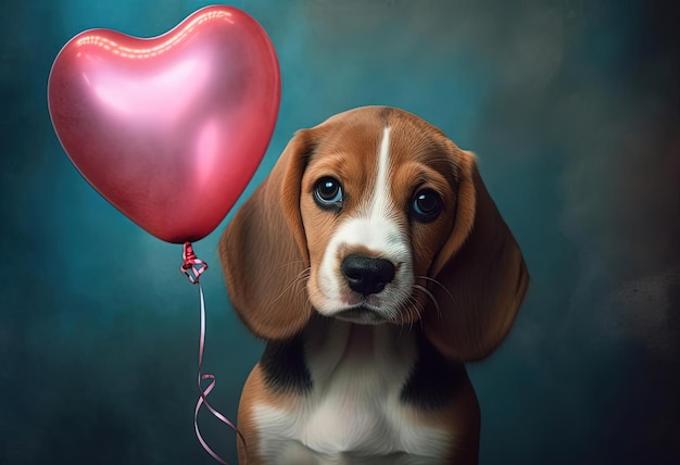 szczeniak rasy beagle trzymający balon w kształcie serca w stylu fotorealistycznych kompozycji