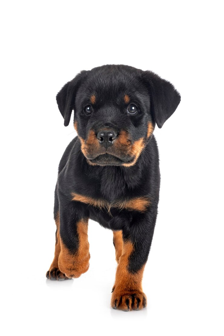 Szczeniak rottweiler przed białą ścianą