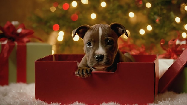 Szczeniak w pudełku prezentowym na Boże Narodzenie Słodki zwierzę w puełku Boże Narodzenie Tło