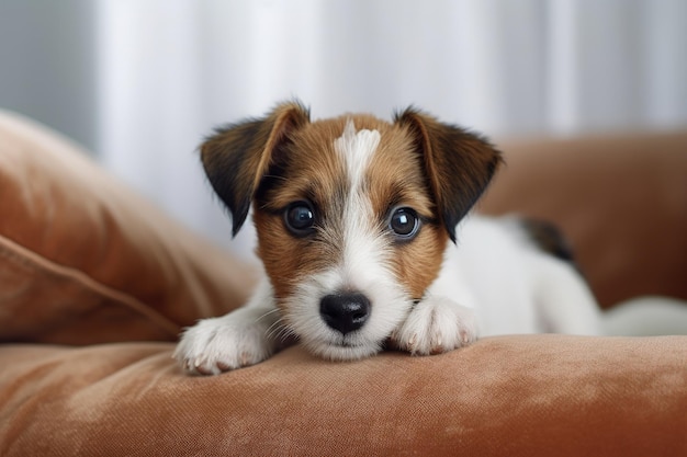 Szczeniak Wire Haired Jack Russell Terrier siedzi na beżowej kanapie i patrzy w kamerę