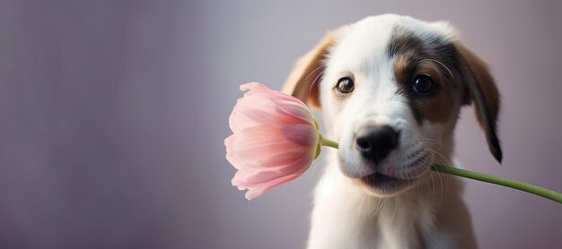 Zdjęcie szczeniak z kwiatem