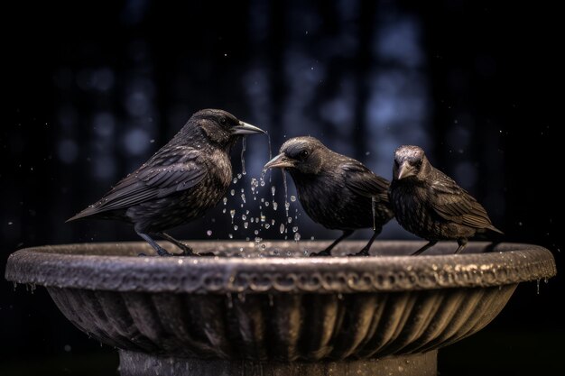 Szczeniaki biorą kąpiel ptaków z rozpylającymi się kropelkami wody