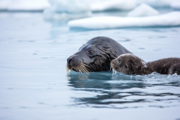 Szczenię foki wyrywające się z uścisku matki, by zbadać lodowy brzeg utworzony za pomocą generatywnej sztucznej inteligencji