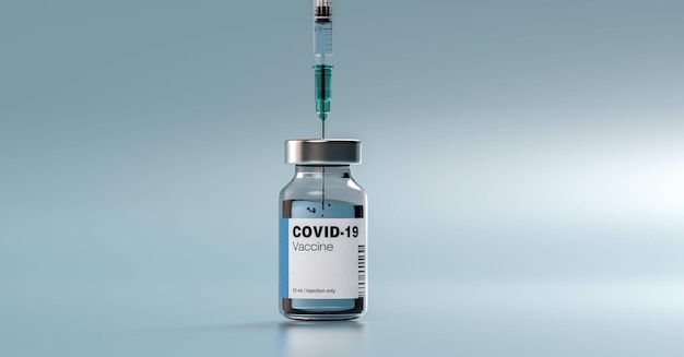 Szczepionka i strzykawka z mRNA koronawirusa COVID-19 z pustą etykietą na indywidualny tekst. Obraz koncepcyjny pandemii infekcji SARS cov 2