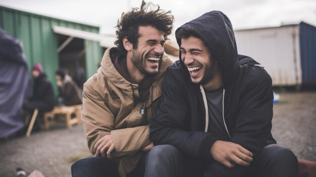 Zdjęcie szczere ujęcie uchodźców dzielących chwilę śmiechu i koleżeństwa wygenerowano sztuczną inteligencję