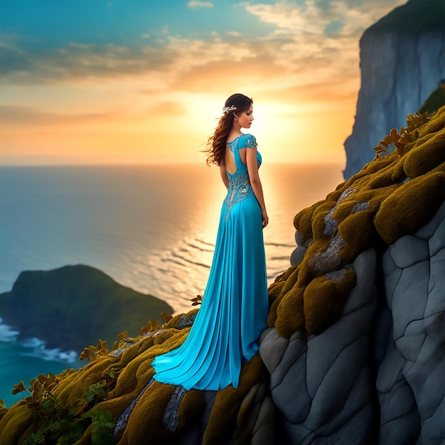 Szczere zdjęcie kobiety stojącej na skraju klifu z widokiem na ocean w stylu Art Nova