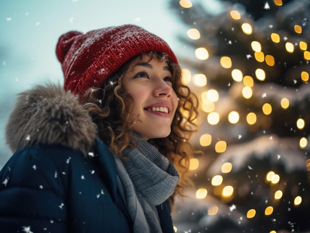 Szczere zdjęcie młodej szczęśliwej kobiety na śniegu oglądającej choinkę z przodu i z boku