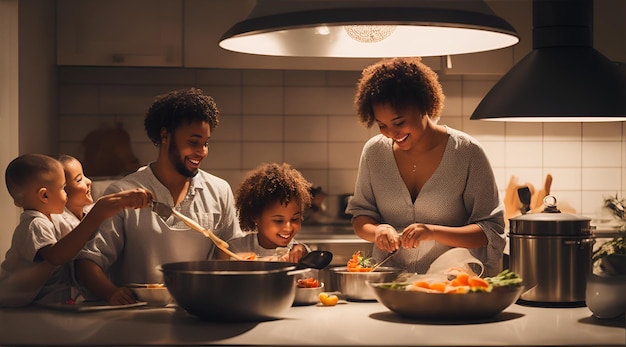 szczery, lifestylowy obraz rodziny gotującej razem w dobrze oświetlonej kuchni, ukazujący radość