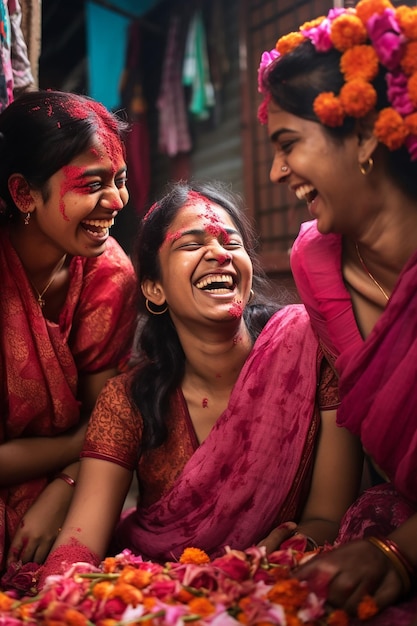 Szczery moment indyjskich przyjaciół śmiejących się i rozmazywających kolory na twarzach siebie nawzajem.