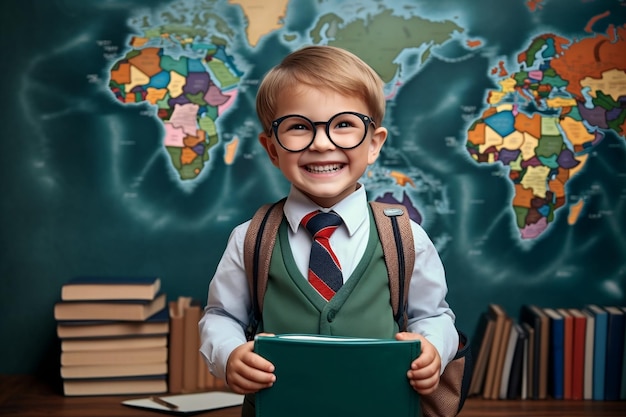 Szczerzący się młody chłopiec w okularach obok niebieskiej ściany Generacyjna sztuczna inteligencja