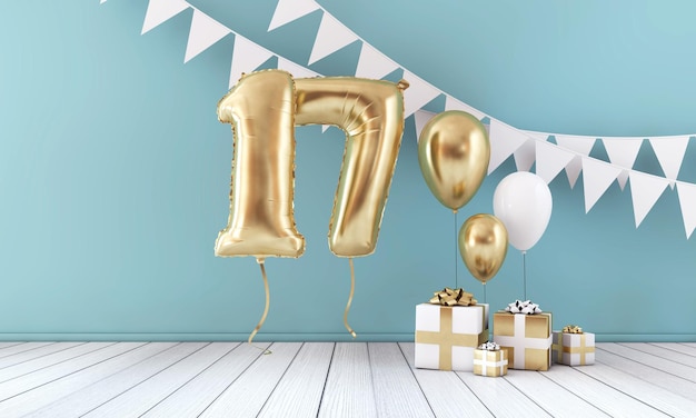 Szczęśliwa 17-ta Impreza Urodzinowa Z Chorągiewką Balonową I Pudełkiem Na Prezenty 3d Render