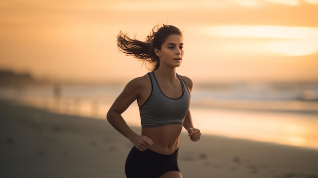 Szczęśliwa 20-letnia dziewczyna fitness biegająca po plaży z generatywną sztuczną inteligencją